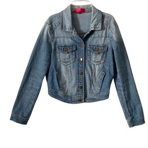 Tinseltown Y2K Denim Couture Medium Blue Wash Cropped Jean Jacket Women Size Med